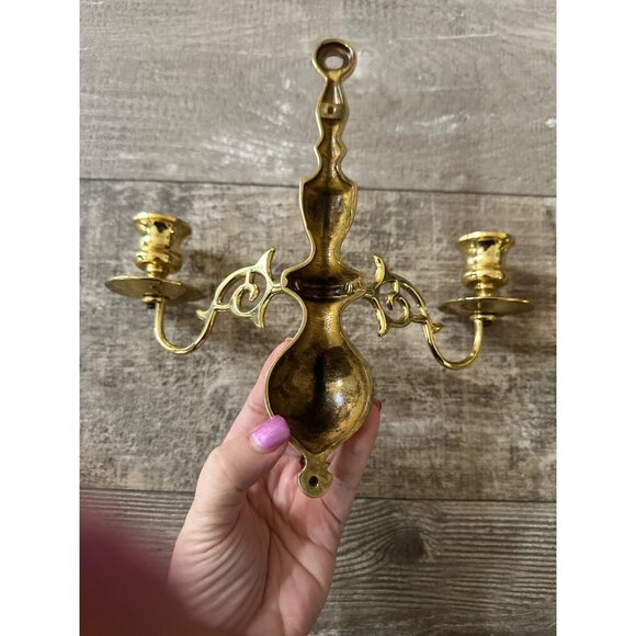 Vintage Solid Brass Double Arm Wall Sconce Candle Holders Ornate Design Set Of 2 - Picture 7 of 12